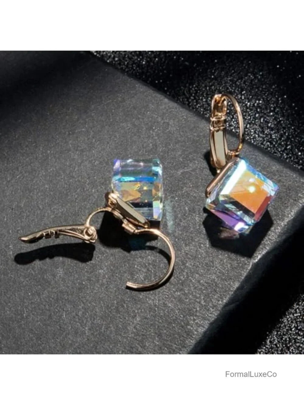 Austrian Crystal Cube Drop Leverback Earrings 14K Rose Gold Plated